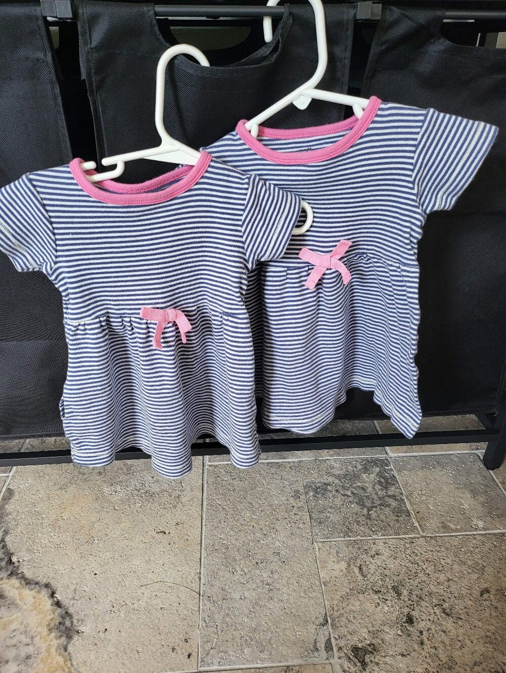 TWIN GIRLS SET- Classic Navy & White Striped Kids Casual Dress